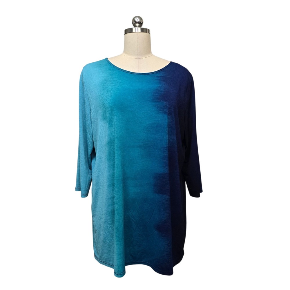 Clara Sun Woo Womens XL Blue Ombre‎ 3/4 Sleeve Tunic Top Scoop Neck Stretch USA